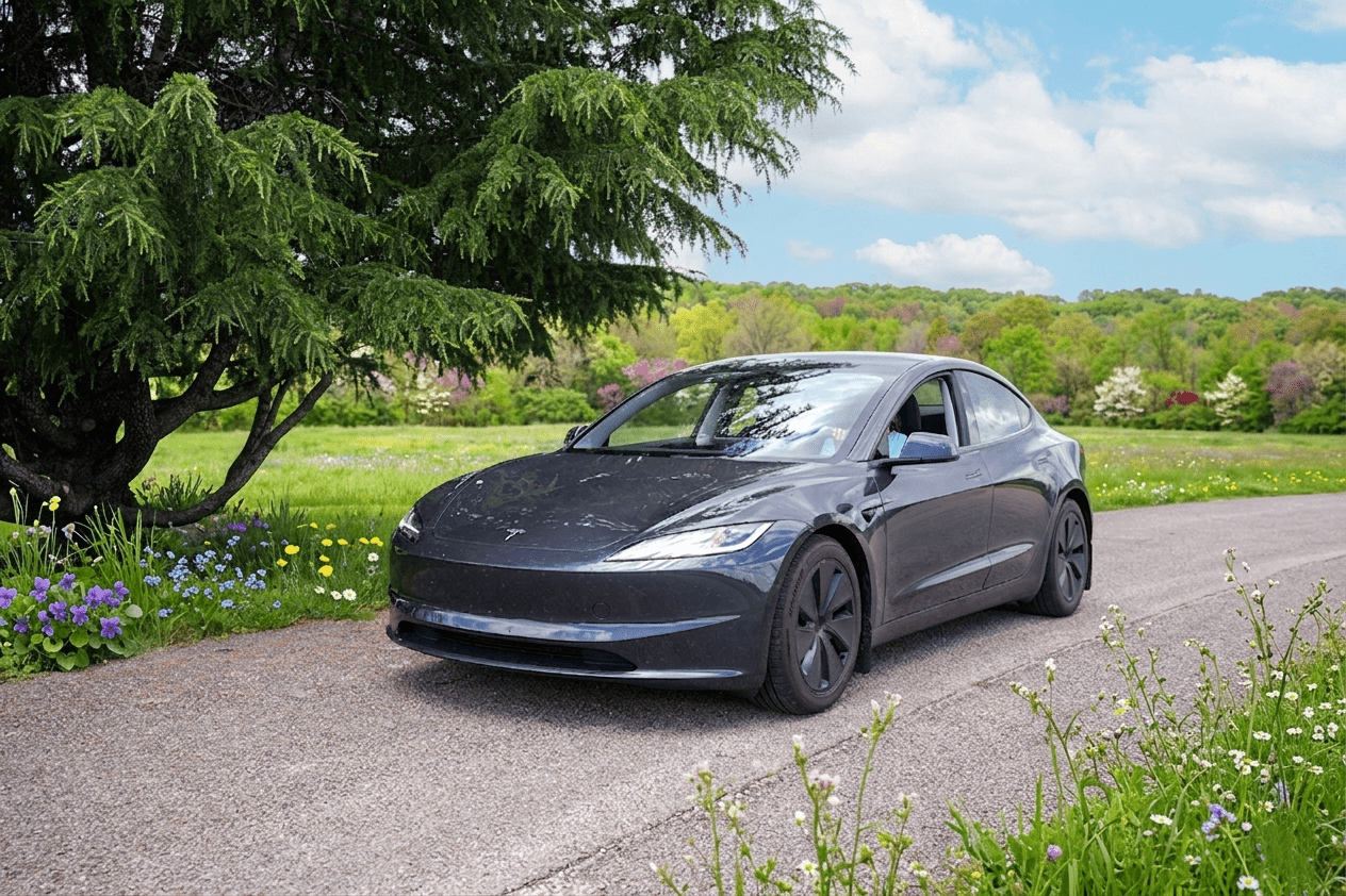 Tesla Model 3 Highland in spring
